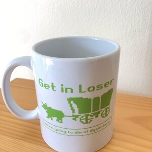 White Mug with Green Print Oregon Trail Theme 90’s Gaming Funny Gift